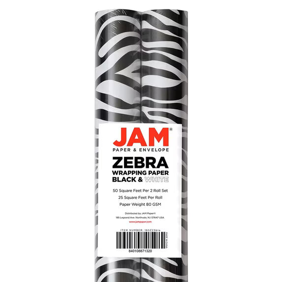 JAM Paper Black & White Zebra Wrapping Paper, 2 Rolls, 50 Sq Ft Total