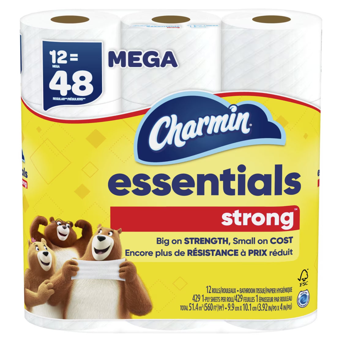 Charmin Essentials Strong Toilet Paper, 12 Mega Rolls (4-Pack, 48 Rolls Total)