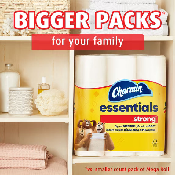 Charmin Essentials Strong Toilet Paper, 12 Mega Rolls