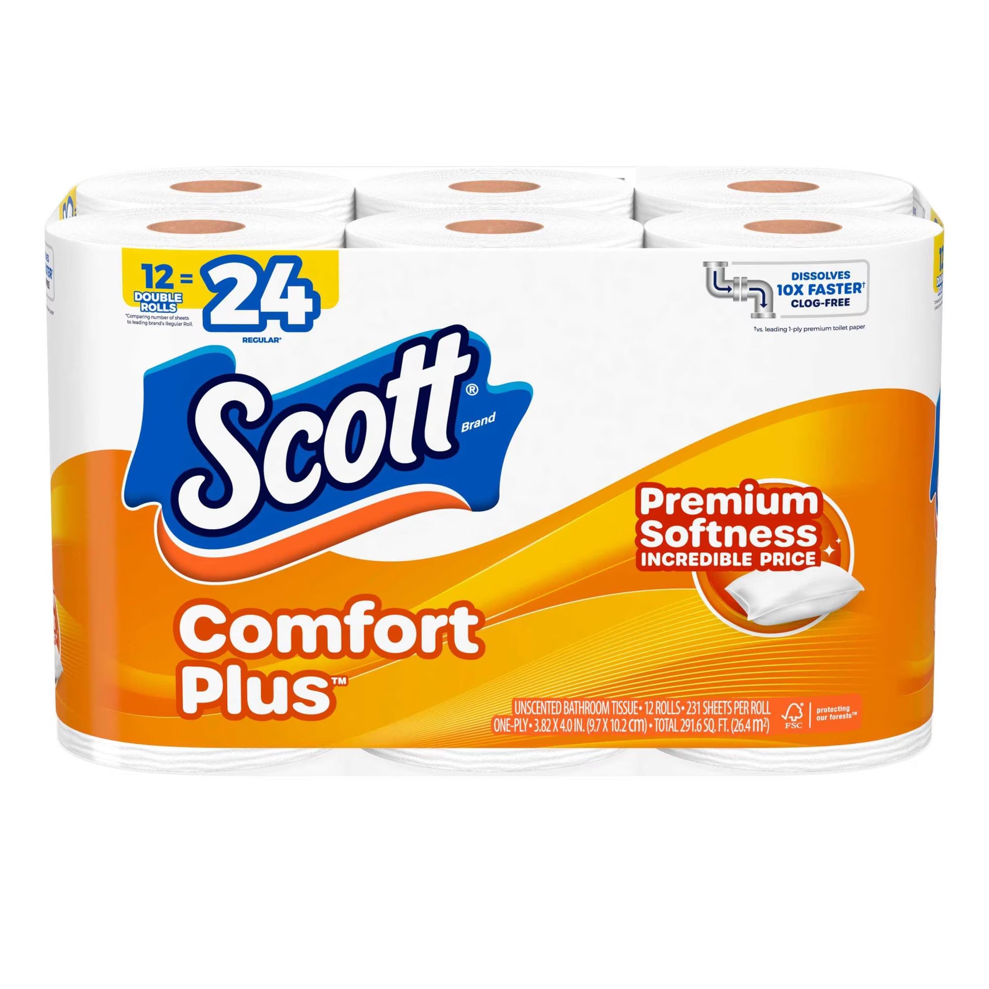 Scott ComfortPlus Toilet Paper, 12 Rolls, 231 Sheets