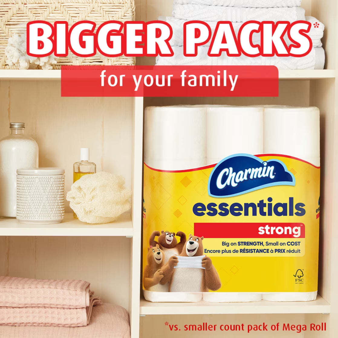 Charmin Essentials Strong Toilet Paper, 12 Mega Rolls (4-Pack, 48 Rolls Total)