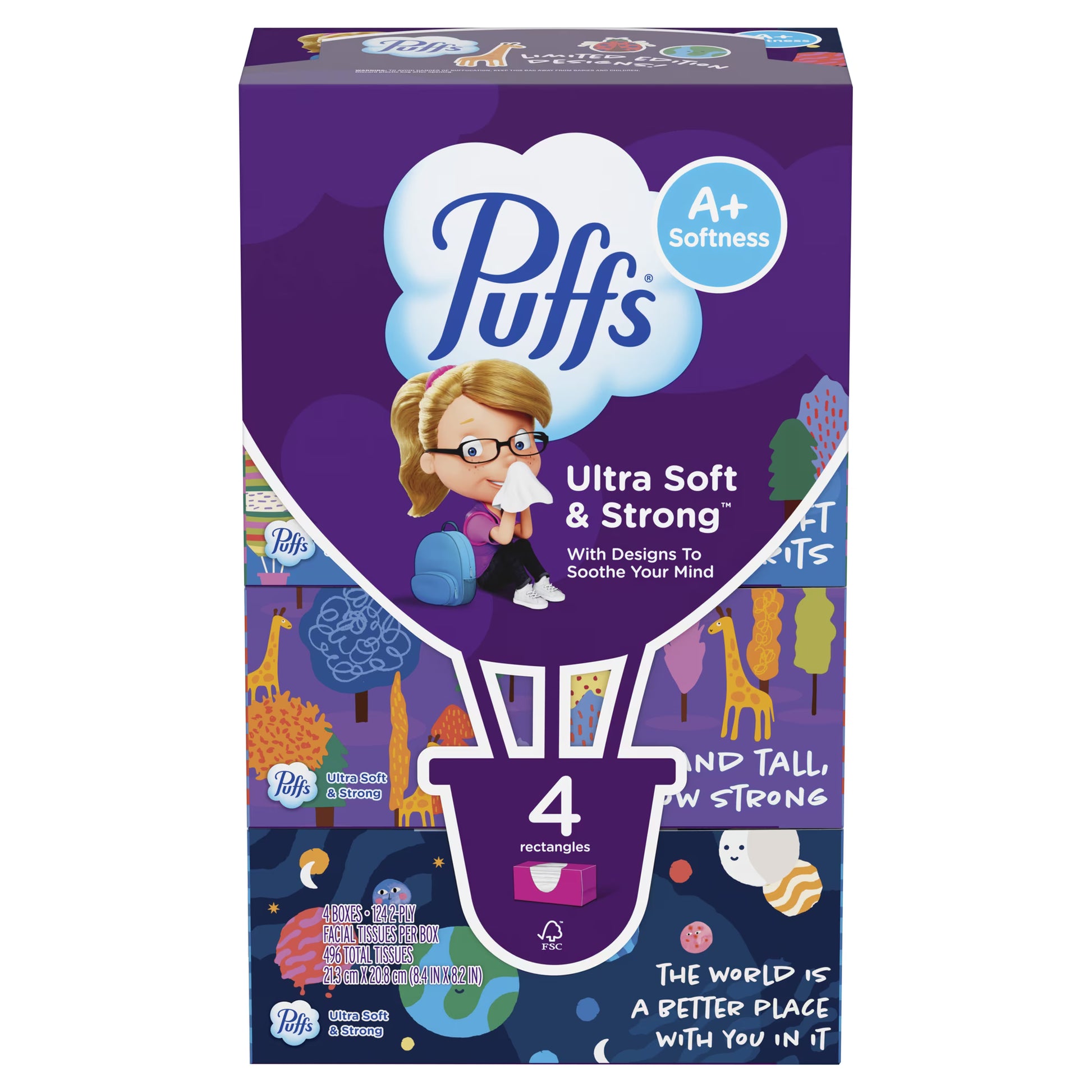 Puffs Ultra Soft Facial Tissues, 4 Boxes, Back-to-School Edition