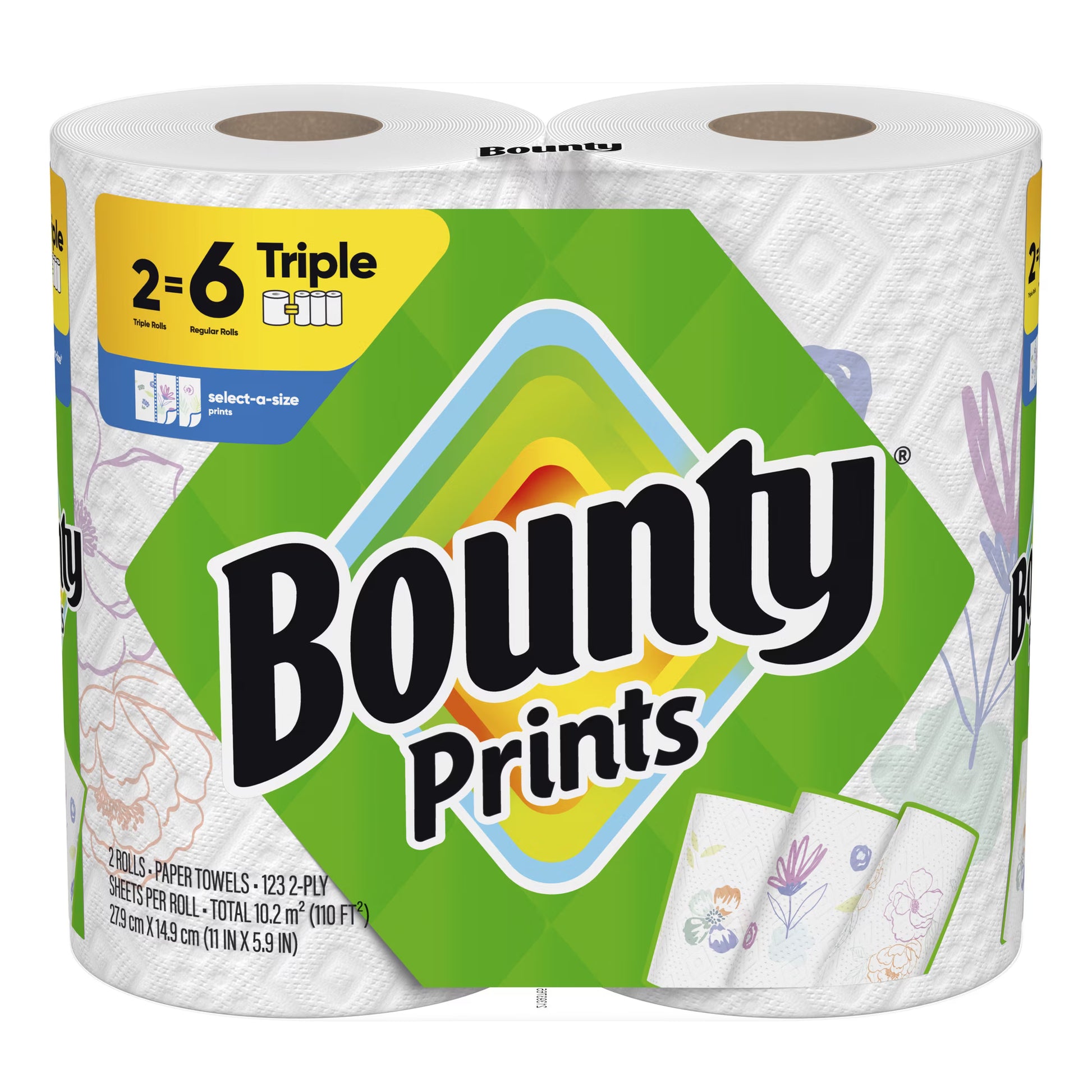 Bounty Select-A-Size Paper Towels, Print, 2 Triple Rolls