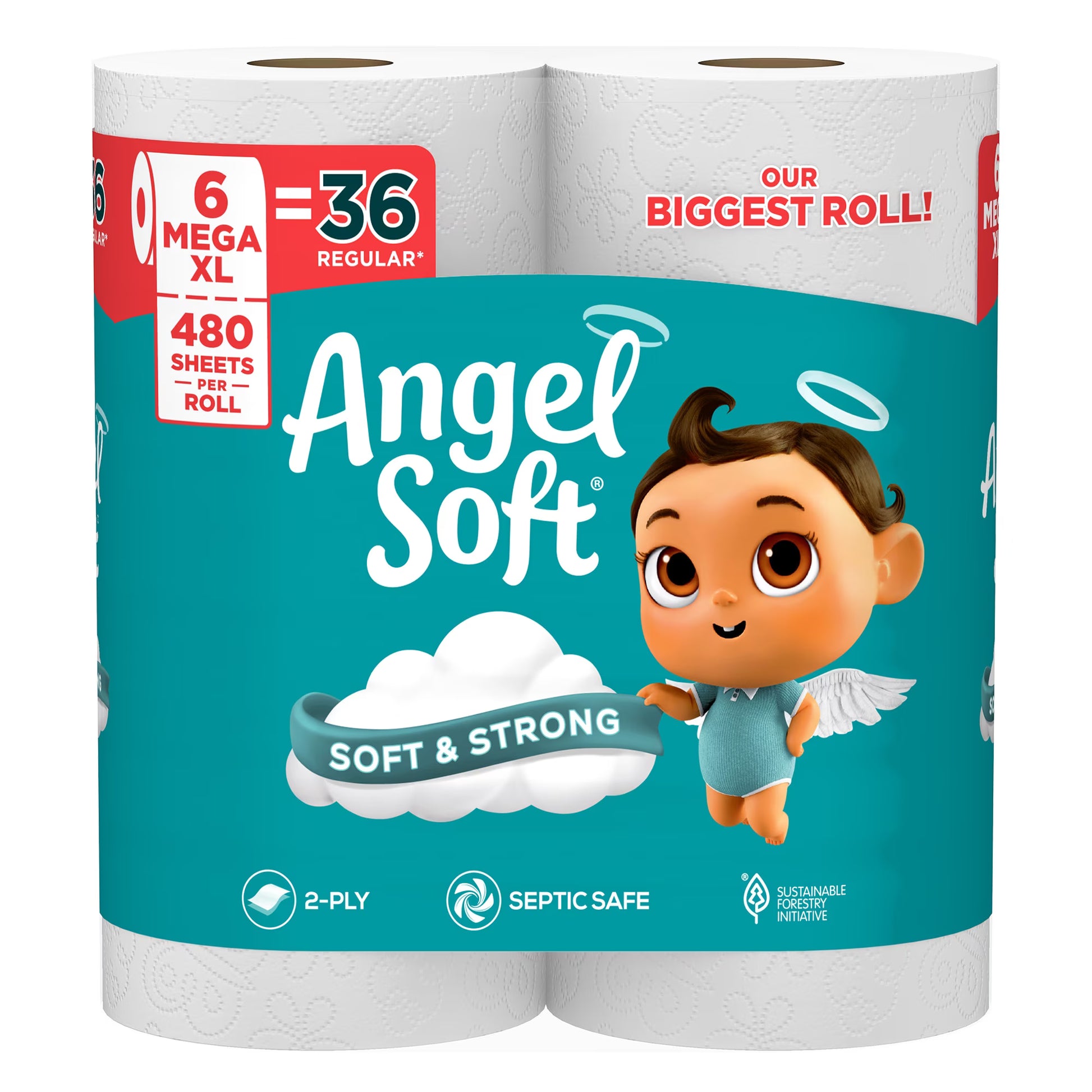 Angel Soft Mega XL Toilet Paper, 6 Rolls (480 2-Ply Sheets Each)