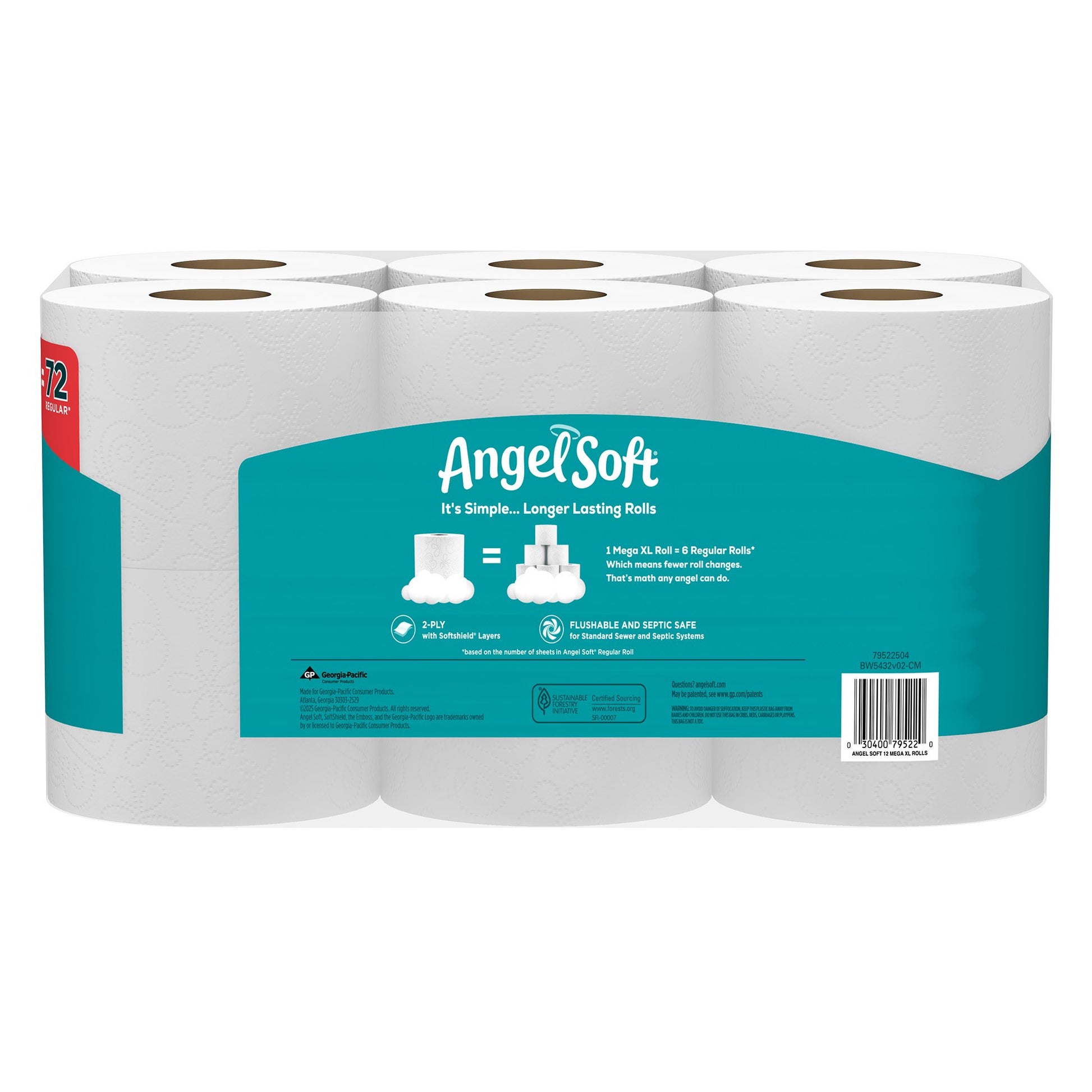 Angel Soft Mega XL Toilet Paper, 12 Rolls, 2-Ply, 480 Sheets Per Roll