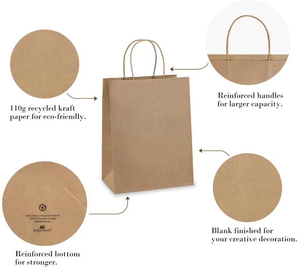 100 10x5x13 Kraft Brown Paper Handle Shopping Gift Merchandise Carry Retail Bags 
