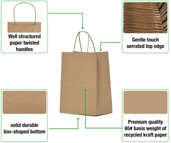 Kraft Paper Gift Bags with Handles - 8x4.25x10.5 25 Pcs Brown Shopping Bags, Party Bags, Goody Bags, Cub, Favor Bags, Business Bags, Kraft Bags, Retail Bags