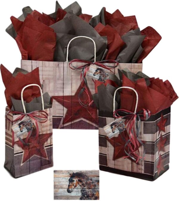 Horse Gift Bags Set Texas Barn Star - Country Cowboy Farmhouse Western Horse Rustic Ranch Themed Bundled with Matching Tissue Paper Tags and Raffia Ribbon (Barn Star)
