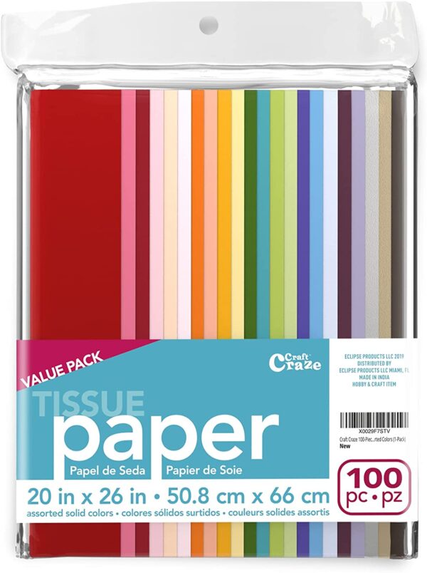 Craft Craze 100 Sheets (20" x 26") 25 Assorted Colors Premium Quality Tissue Paper for Gift Wrapping, Arts & Crafts, Packing and Decorations...