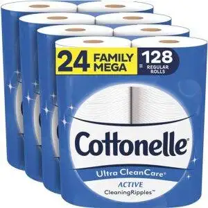 Cottonelle Ultra CleanCare Soft Toilet Paper with Active Cleaning Ripples, 24 Family Mega Rolls, Strong Bath Tissue (24 Family Mega Rolls = 128 Regular Rolls)