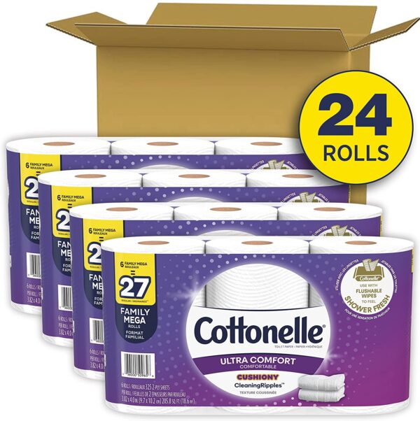 Cottonelle Ultra Comfort Toilet Paper with Cushiony CleaningRipples Texture, 24 Family Mega Rolls (24 Family Mega Rolls = 108 regular rolls) (4 Packs of 6...