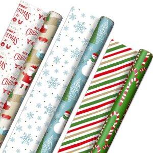 Hallmark Reversible Christmas Wrapping Paper (3 Rolls: 120 sq. ft. ttl) Rustic Santa, Papercraft Snowmen, Candy Canes, Stripes, Snowflakes, "Merry Christmas to You" V